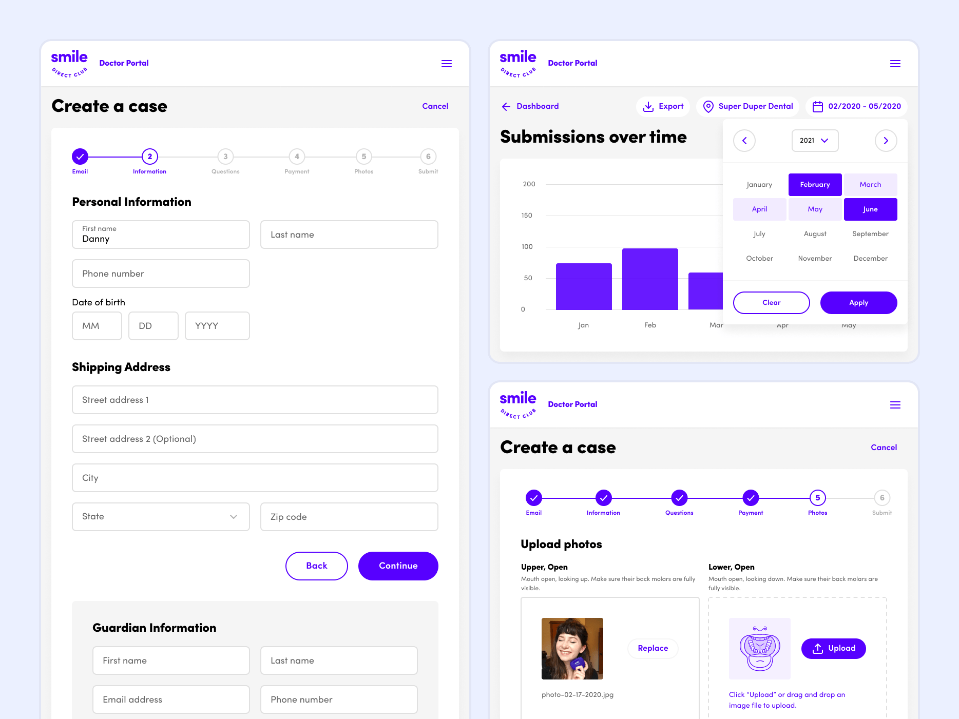 A small selection of screens I designed for SmileDirectClub's partner network